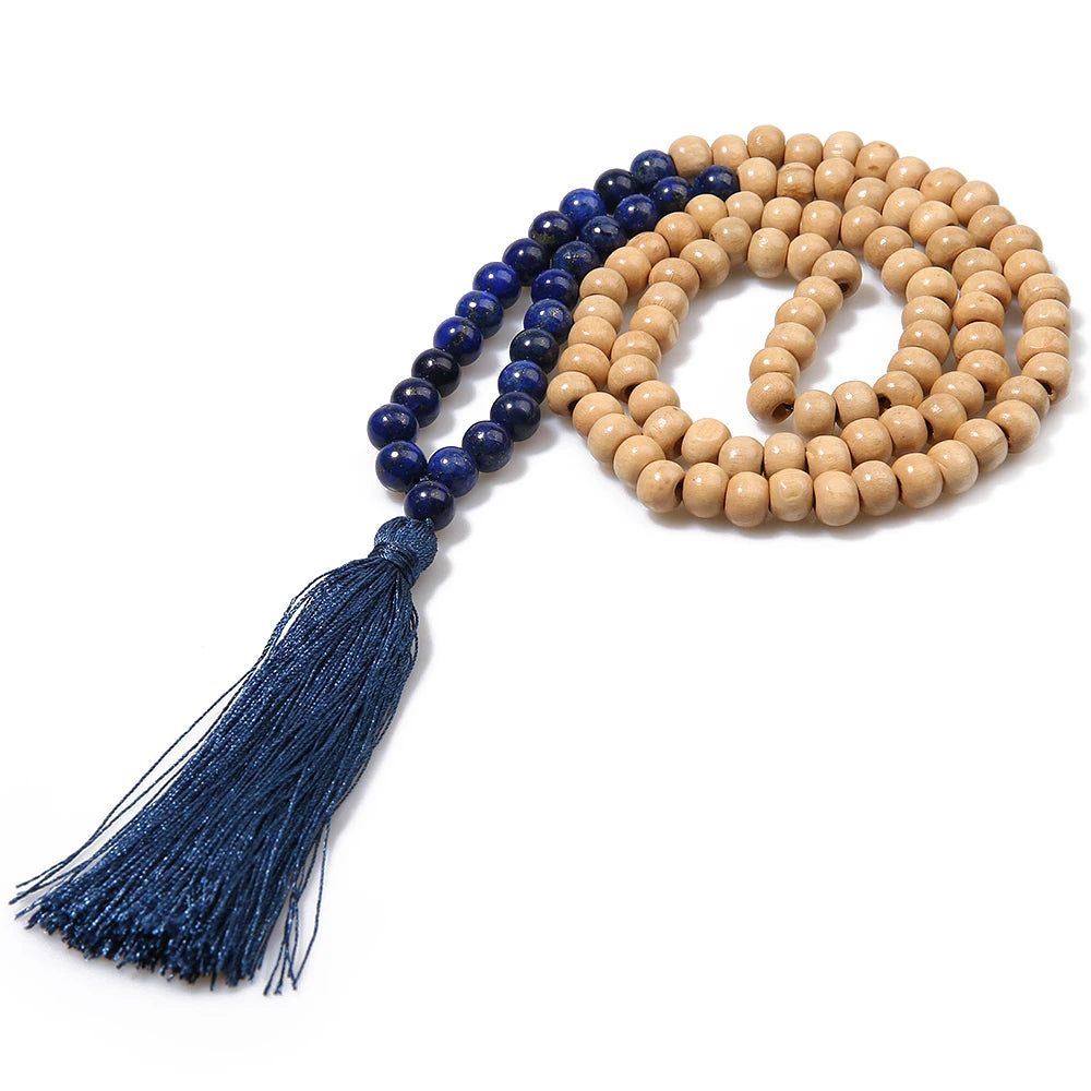 Bohemian Wooden Tassel Necklace with Natural Stone