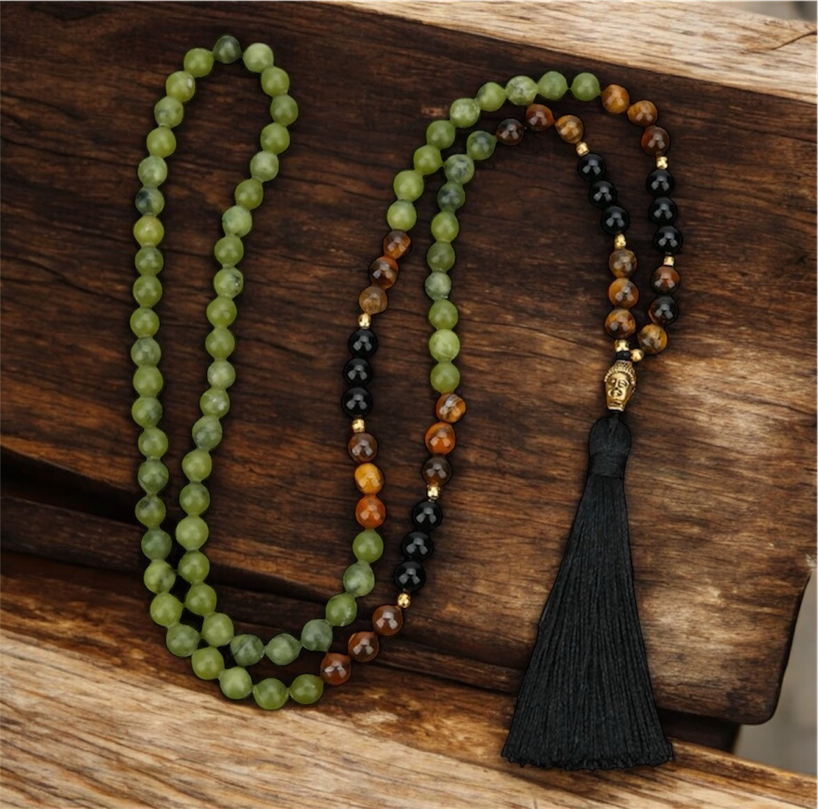 Jade, Tiger Eye & Black Onyx Japamala