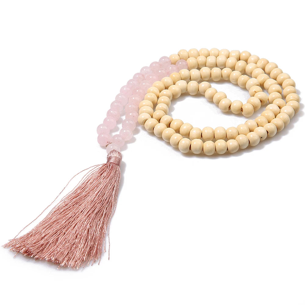Bohemian Wooden Tassel Necklace with Natural Stone