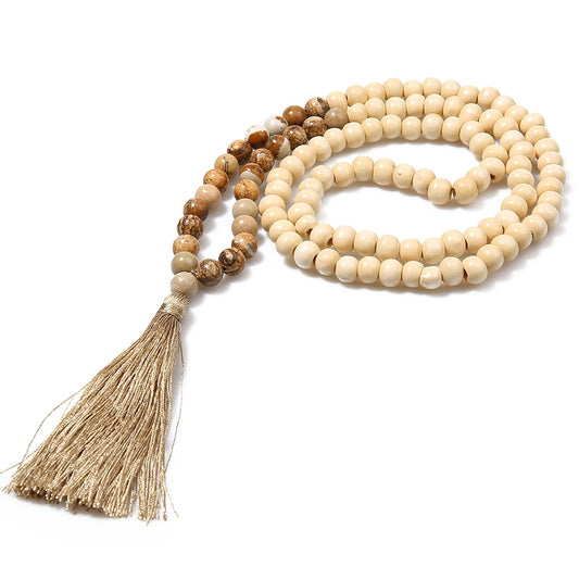 Bohemian Wooden Tassel Necklace with Natural Stone
