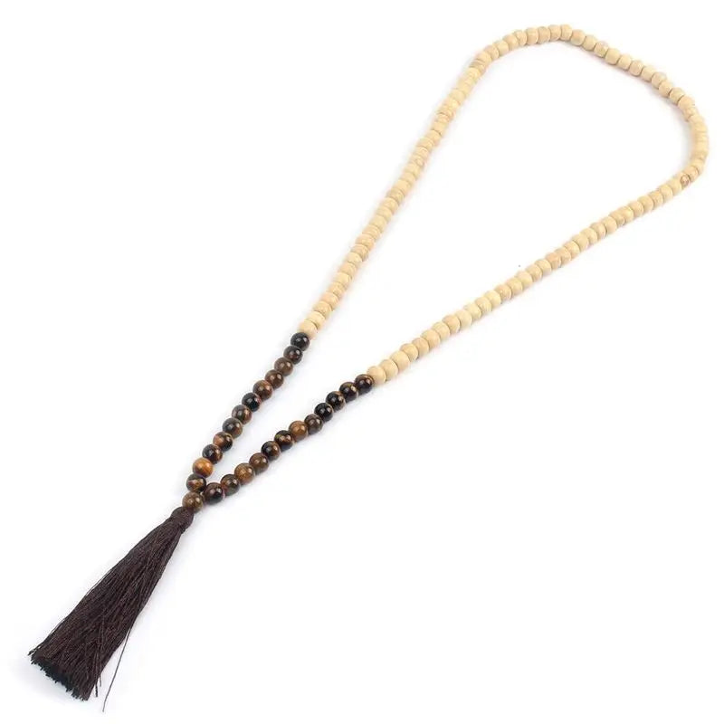 Bohemian Wooden Tassel Necklace with Natural Stone