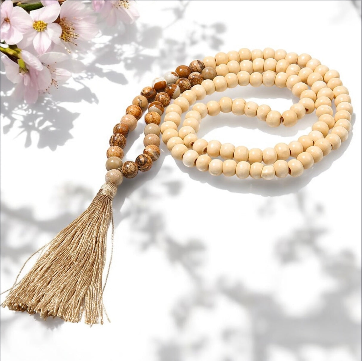 Bohemian Wooden Tassel Necklace with Natural Stone