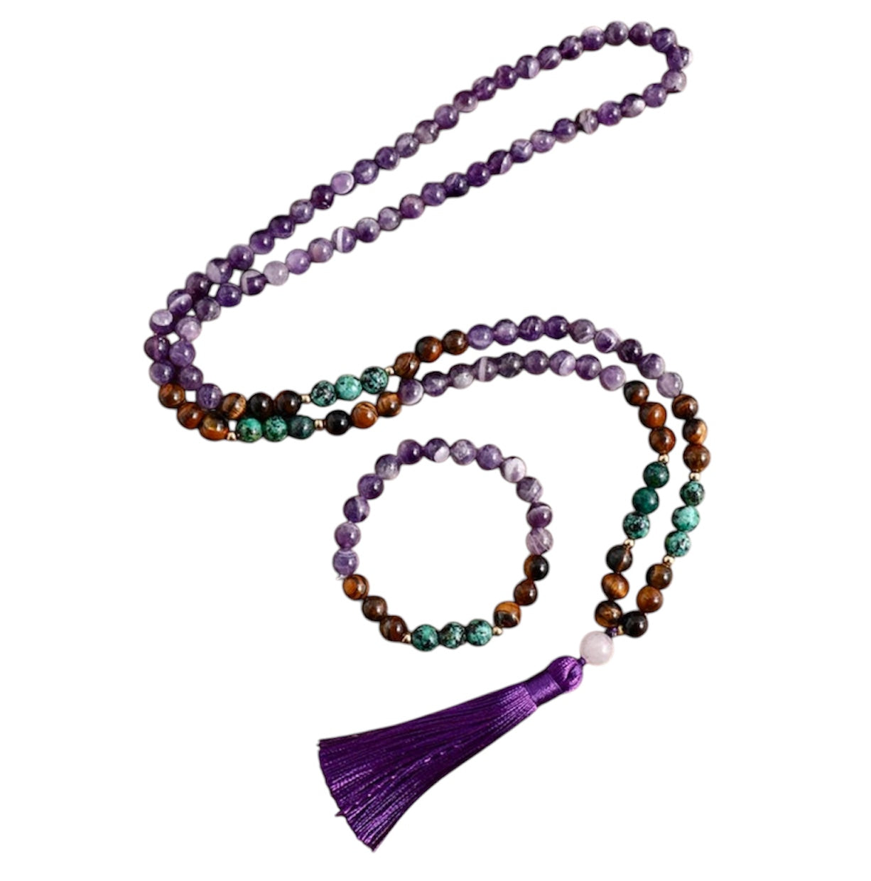 Tiger Eye, Turquoise & Amethyst Japamala