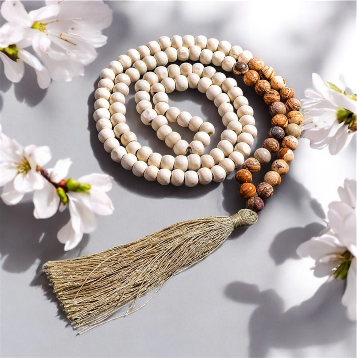 Bohemian Wooden Tassel Necklace with Natural Stone