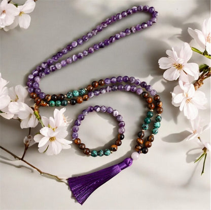 Tiger Eye, Turquoise & Amethyst Japamala