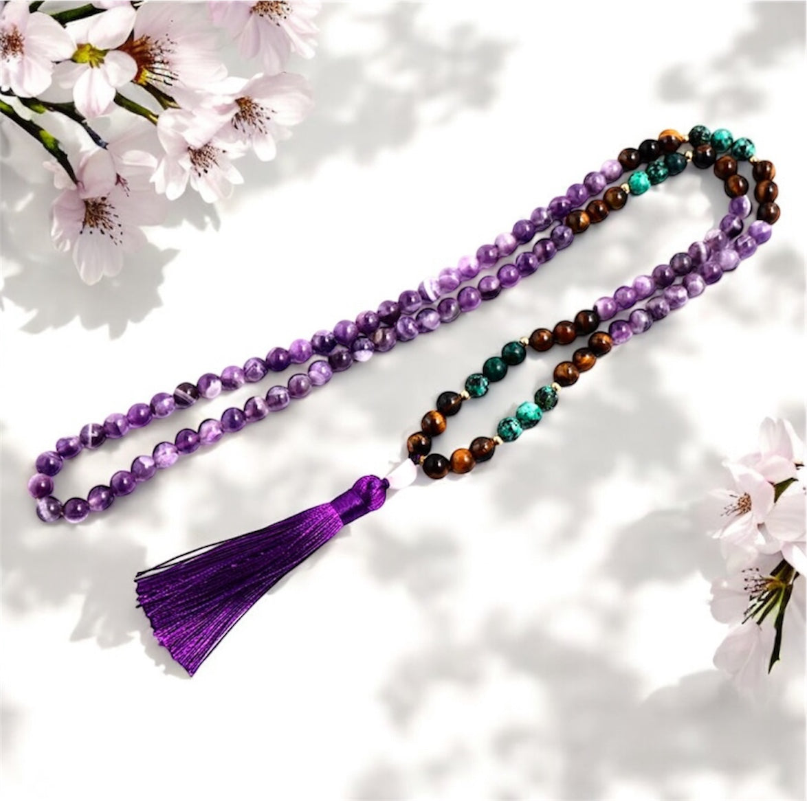 Tiger Eye, Turquoise & Amethyst Japamala