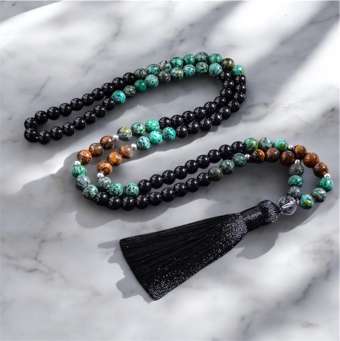 Turquoise, Black Agata & Tiger Eye Japamala