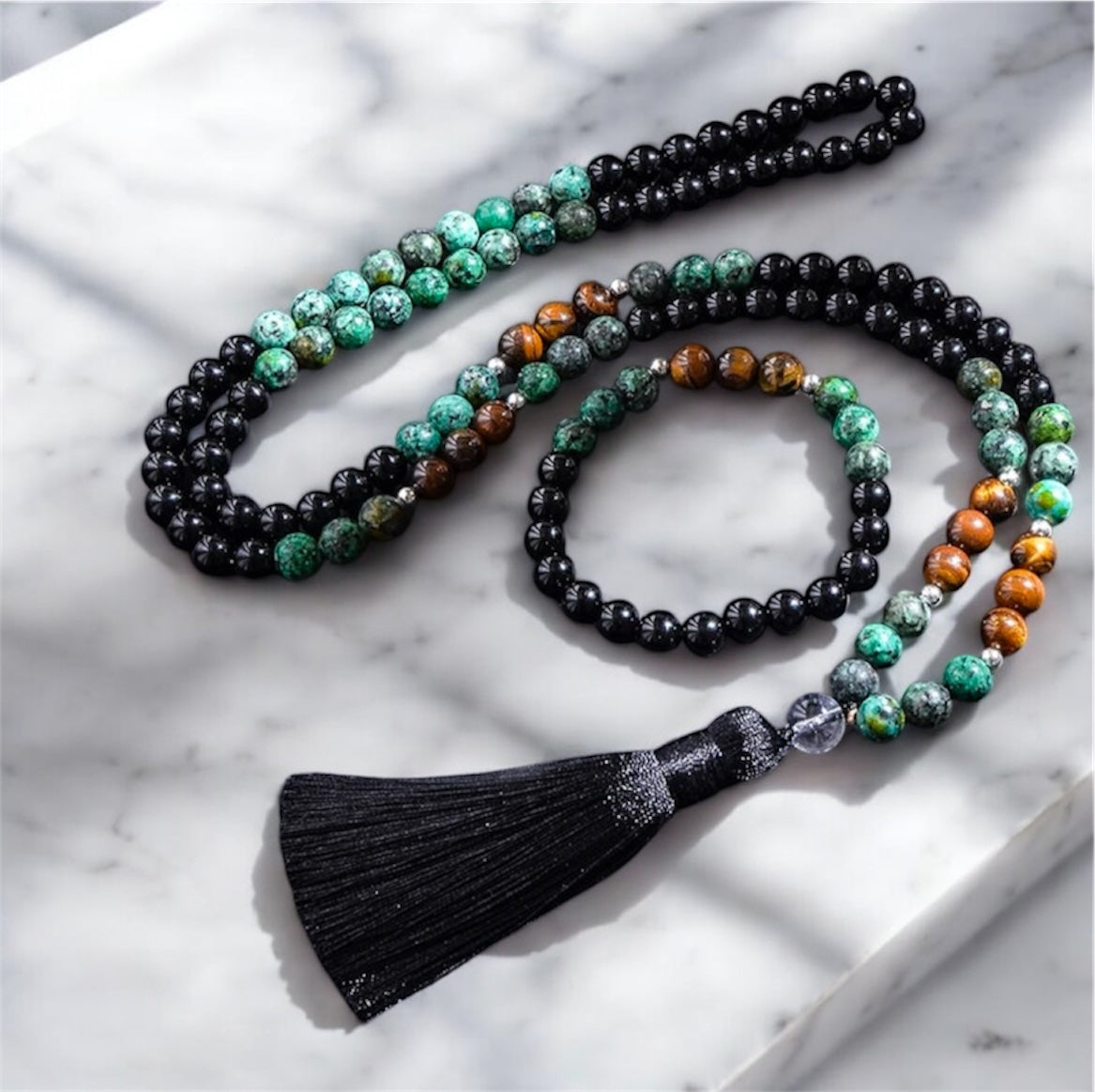 Turquoise, Black Agata & Tiger Eye Japamala