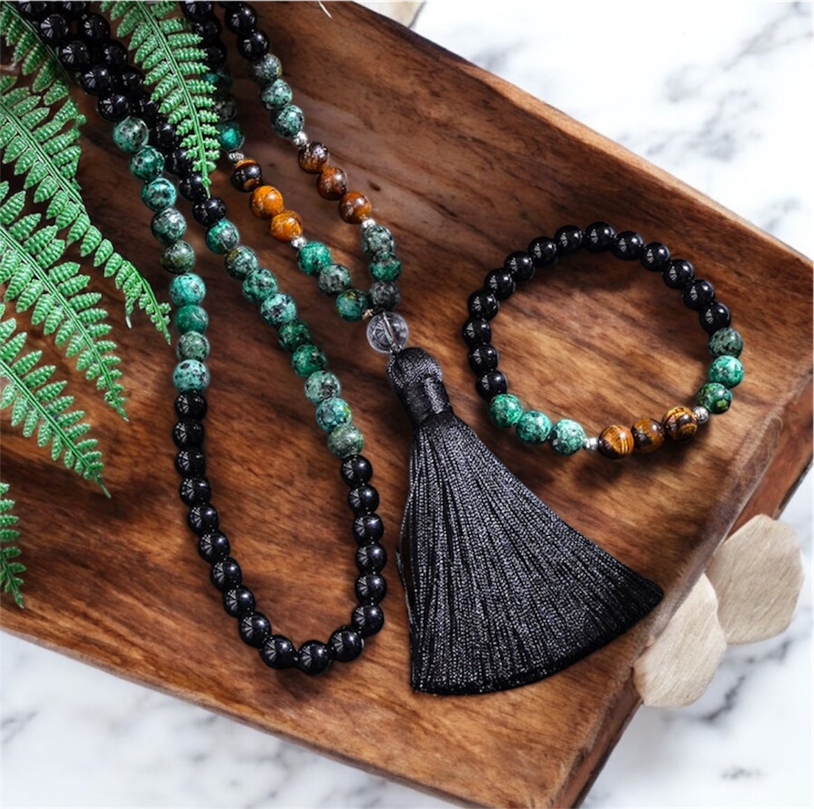 Turquoise, Black Agata & Tiger Eye Japamala