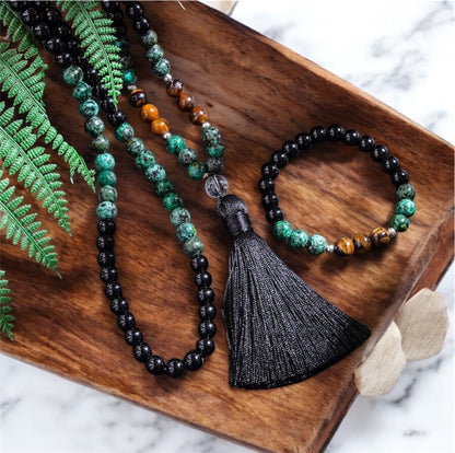 Turquoise, Black Agata & Tiger Eye Japamala